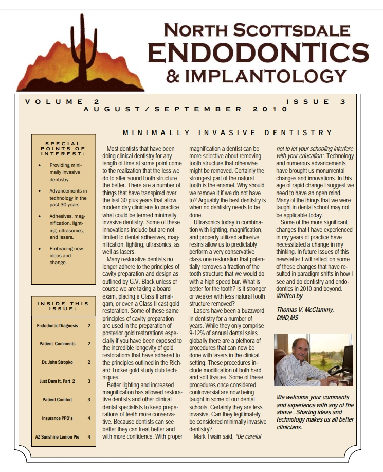 North Scottsdale Endodontics newsletter featuring dental practice information and patient care details.
