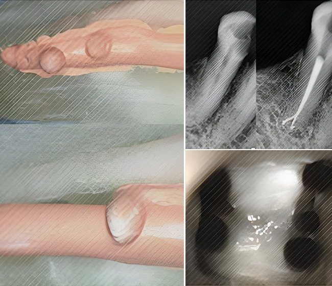 Clinical demonstration of swollen finger with dental X-rays and intraoral imaging showing endodontic infection.