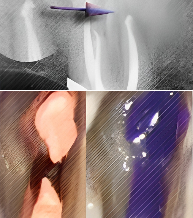 Dental endodontic instrument demonstration showing rotary file with purple handle against clinical background.