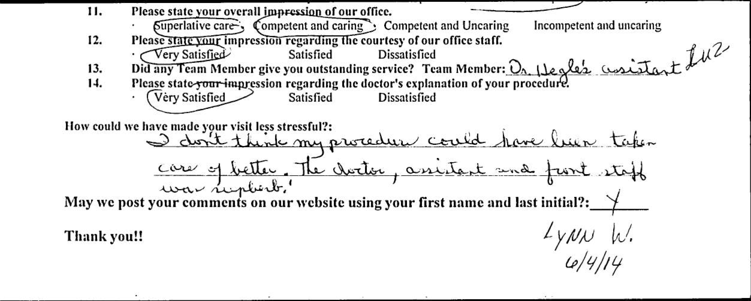 Patient testimonial letter praising endodontic dental treatment and professional care
