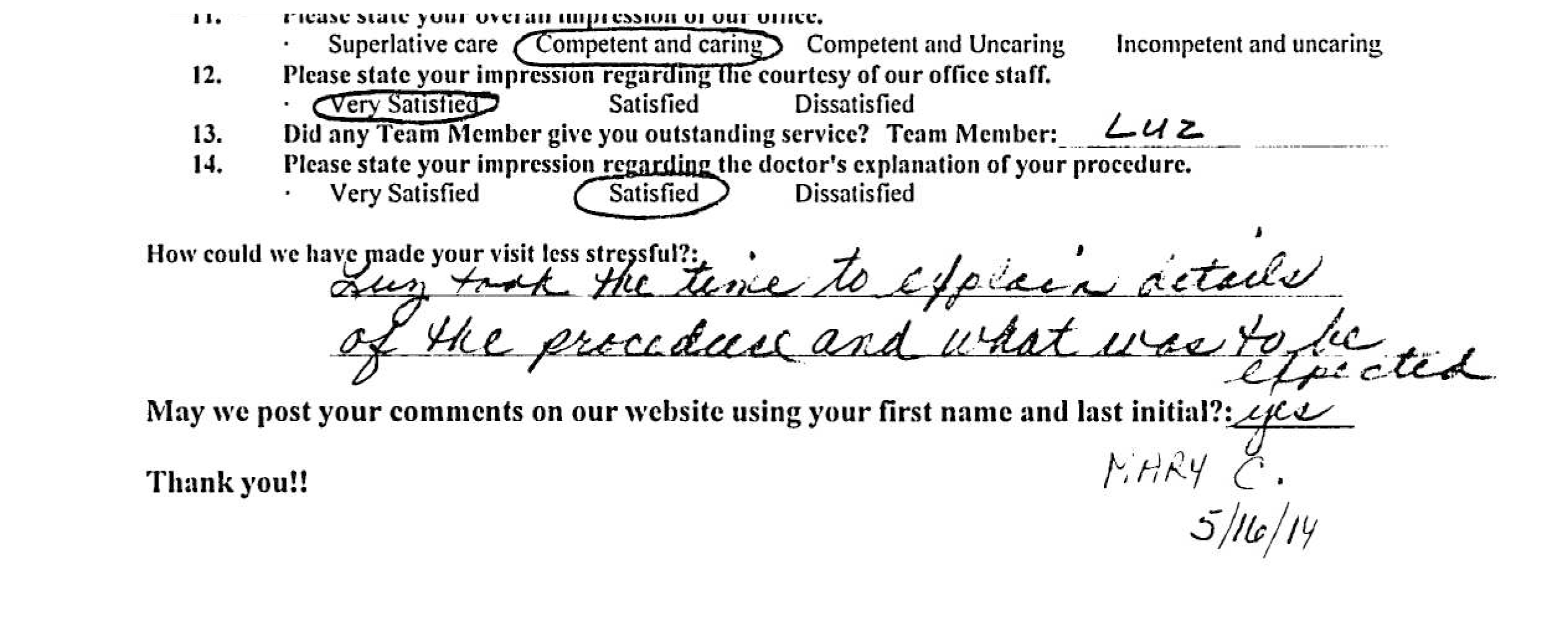 Handwritten patient testimonial letter praising dental care quality and staff professionalism.