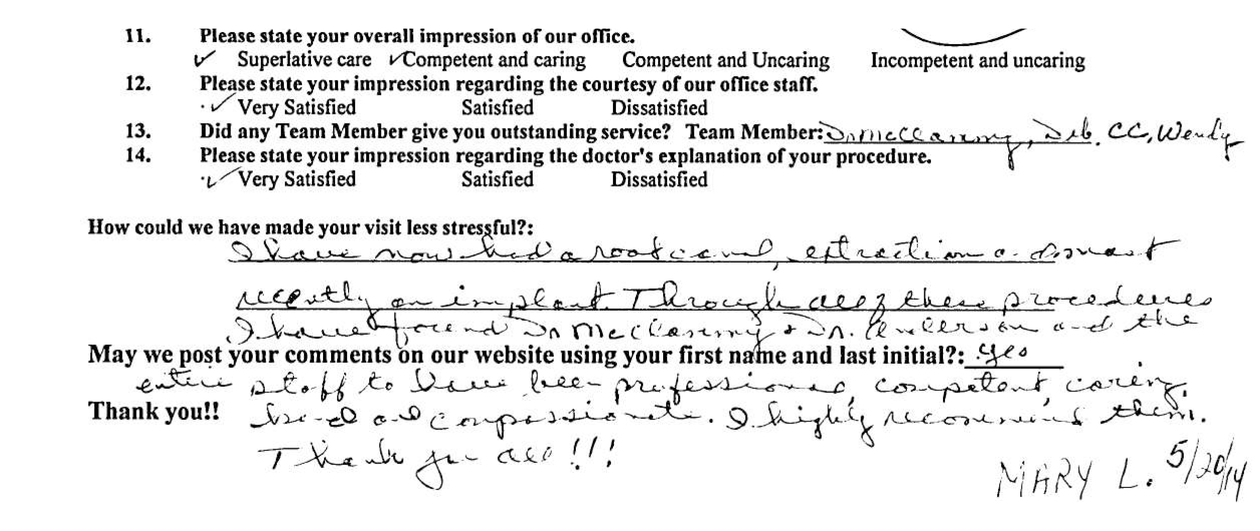 Handwritten dental questionnaire form with patient information fields and checkboxes for endodontic treatment history.