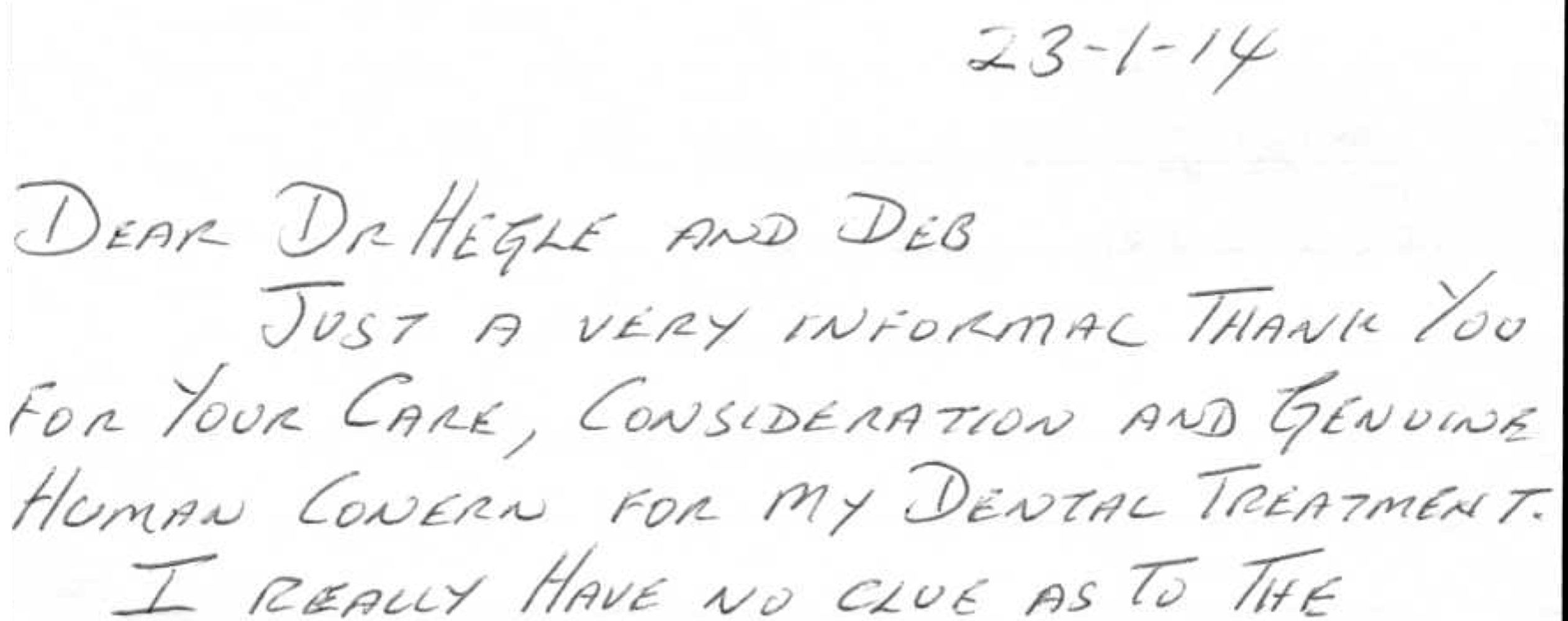 Handwritten thank you note expressing gratitude for dental care and treatment.